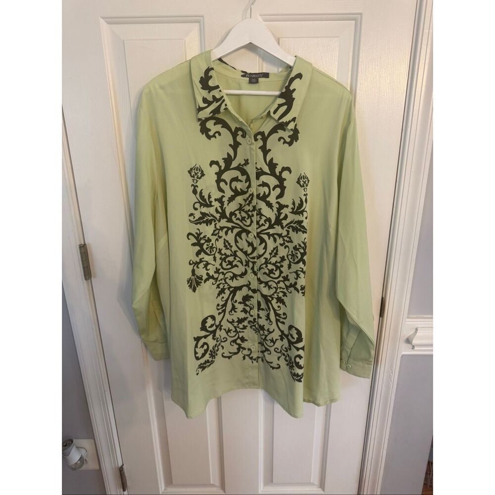 Roaman’s Mint Green & Black Scroll Print Button Down Shirt sz 26W EUC